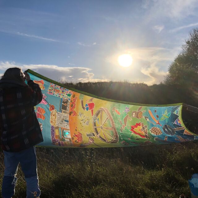 Batik silk flag at Martin Down, part of the Chase & Chalke Celebration in Silk project.