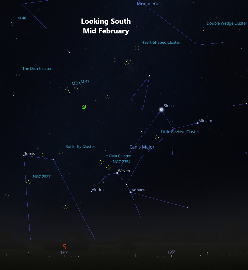 Map of star clusters in February sky